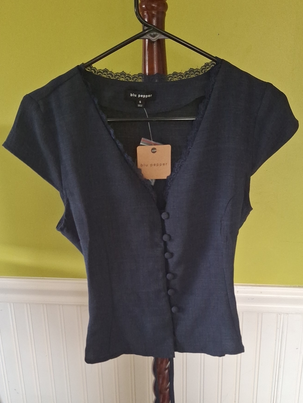 Blu Pepper Navy Short-Sleeve V-Neck Buttoned Blouse